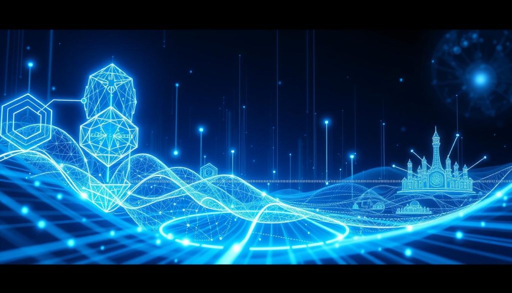 Futuristische Darstellung von KI und Blockchain-Technologie als Alternative zu staatlichen Strukturen Futuristische Darstellung von KI und Blockchain-Technologie als Alternative zu staatlichen Strukturen