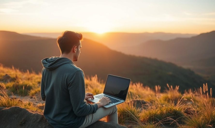 Person mit Laptop in der Natur, symbolisiert Freiheit durch digitale Technologien