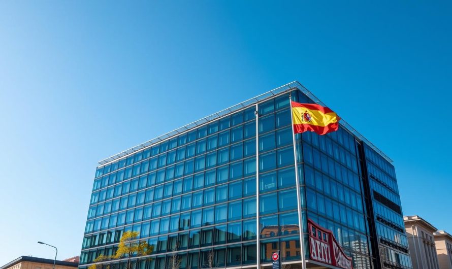 Firmengründung Spanien - Geschäftsgebäude in Madrid mit spanischer Flagge