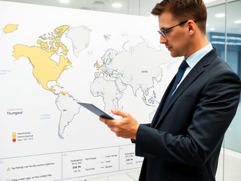 Geschäftsmann betrachtet Weltkarte mit markierten Steuervorteilen verschiedener Länder