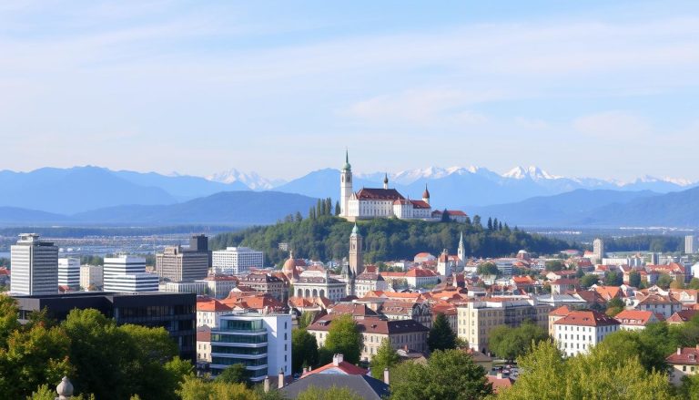 Panorama von Ljubljana, Slowenien, mit Geschäftsviertel und Bergen im Hintergrund