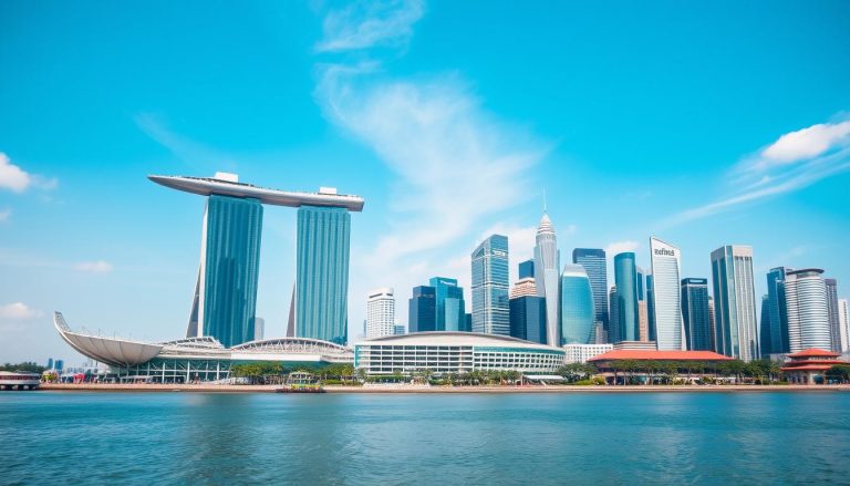 Skyline von Singapur mit dem Marina Bay Sands Hotel und dem Geschäftsviertel, symbolisiert die Singapore PTE LTD als Tor nach Asien