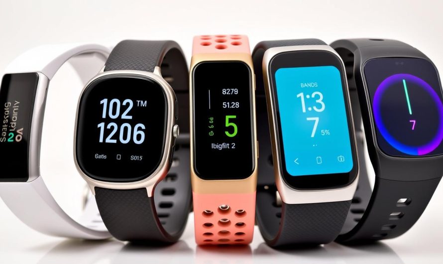 Verschiedene Fitness Tracker Damen Modelle nebeneinander mit aktivierten Displays