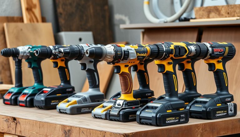 Verschiedene Akku Schlagbohrmaschinen für den Preisvergleich nebeneinander aufgereiht