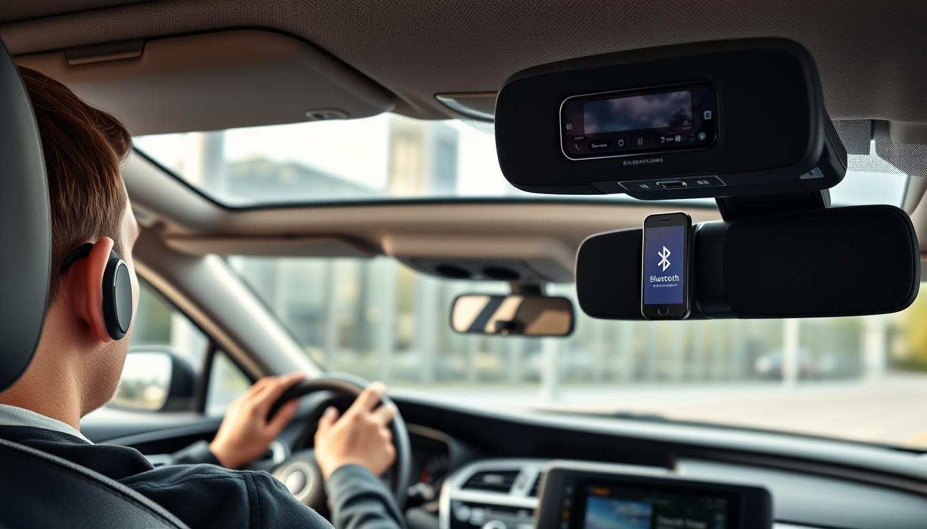 Verschiedene Bluetooth Freisprecheinrichtungen montiert in einem Auto mit Person am Steuer, die sicher telefoniert