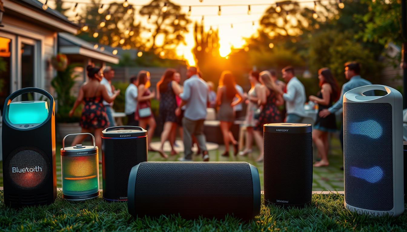 Verschiedene Bluetooth Lautsprecher auf einer Gartenparty mit tanzenden Menschen im Hintergrund