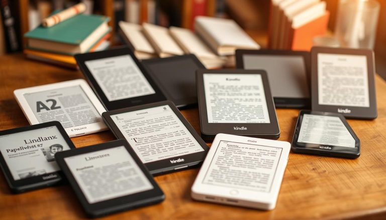 Verschiedene Kindle E-Reader und alternative E-Book Reader nebeneinander auf einem Holztisch mit Büchern im Hintergrund für den Kindle E-Reader Preisvergleich