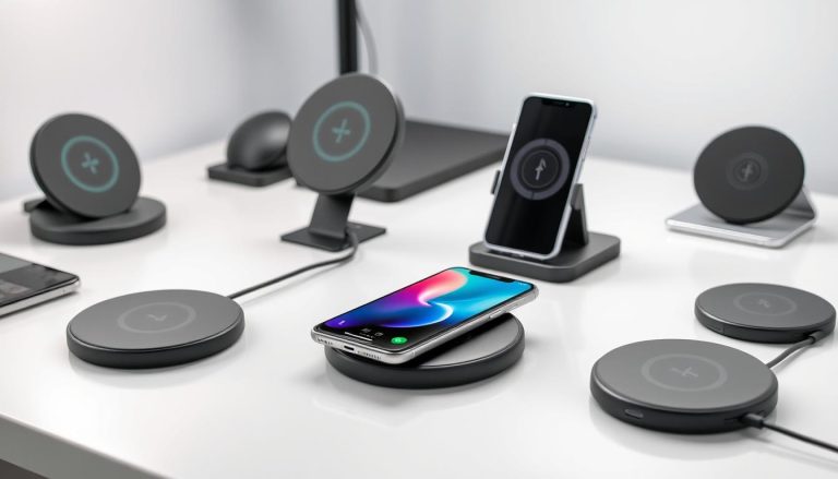 Verschiedene kabellose Ladegeräte auf einem Schreibtisch mit Smartphone