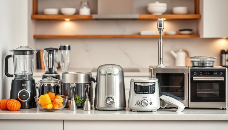 Verschiedene moderne Küchenhelfer für schnelle Essenszubereitung auf einer Arbeitsplatte arrangiert