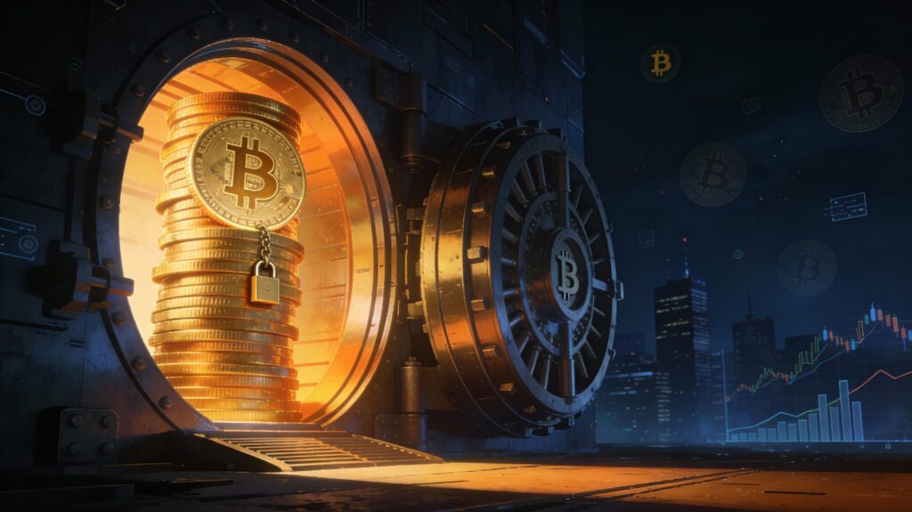 Bitcoin-Münzen in einem Safe