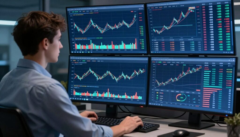 Trader nutzt KI-Instrumente für Trading an mehreren Bildschirmen mit Diagrammen und Analysen
